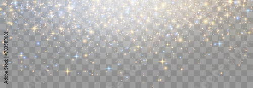 Vector flying particles of light. Magical light dust, dusty shine. Christmas light effect. Sparkling particles of fairy dust glow in transparent background. Vector illustration on png