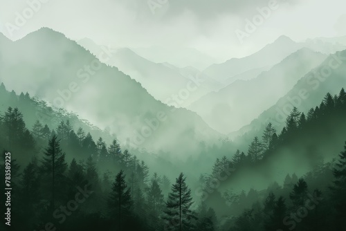 Mysterious misty forest with mountains in the background, green and gray color scheme