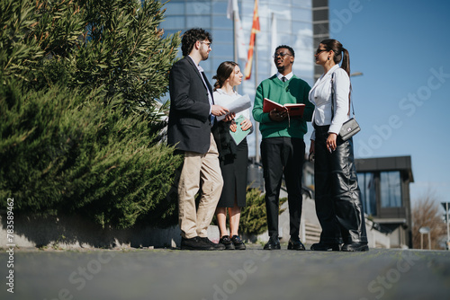 Diverse group of business professionals engaged in a strategy discussion outside a contemporary office setting.