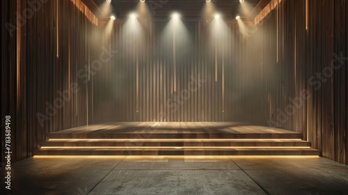 wooden 3d stage - organic material podium - empty country concert hall