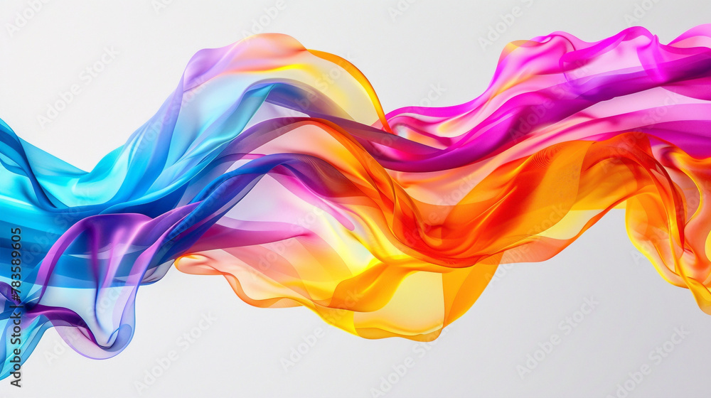 Vibrant colors blending in fluid motion, forming a dynamic gradient wave agnst a clean white backdrop, creating a visually stunning effect.