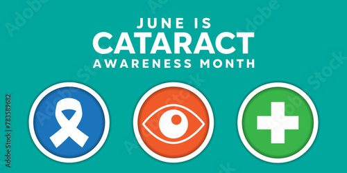 June is Cataract Awareness Month. Ribbon, eye and plus icon. Great for cards, banners, posters, social media and more. Easy green background.
