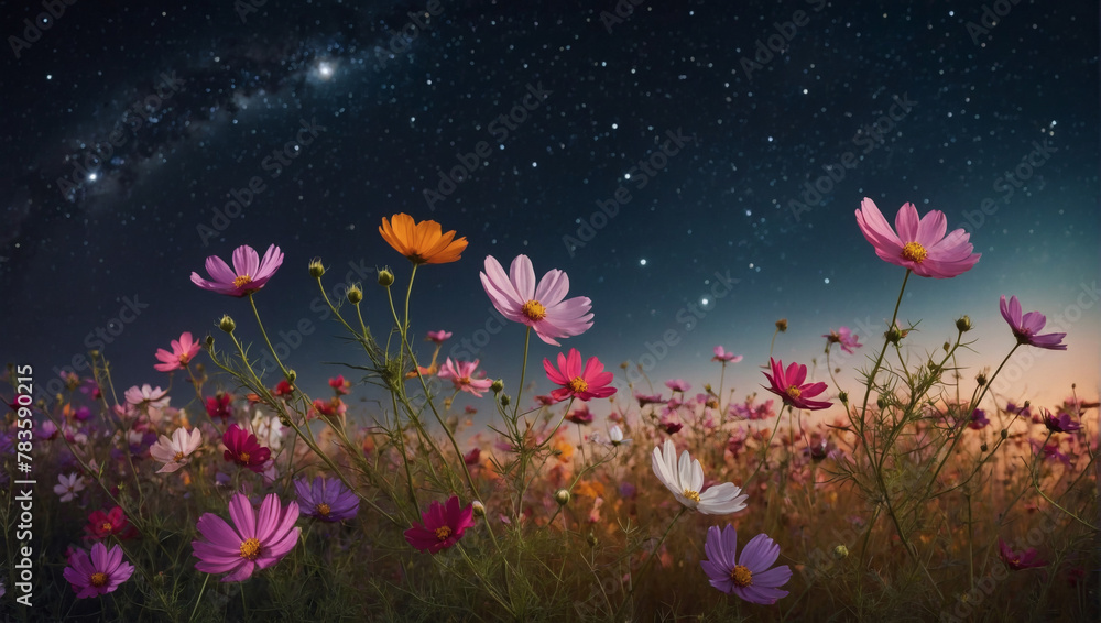 Whimsical cosmos flowers in a starry night gradient, dancing under the shimmering sky.