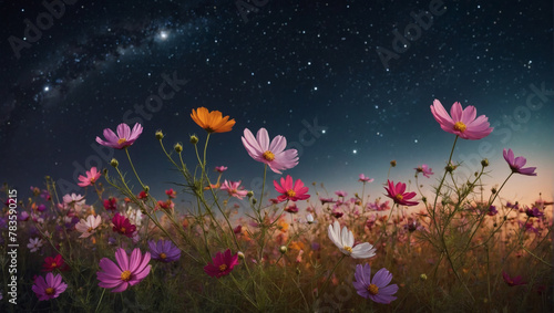 Whimsical cosmos flowers in a starry night gradient, dancing under the shimmering sky. © xKas