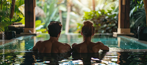 Back View of a Young travelling couple relaxing in the jungle resort hotel  photo
