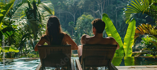 Back View of a Young travelling couple relaxing in the jungle resort hotel 