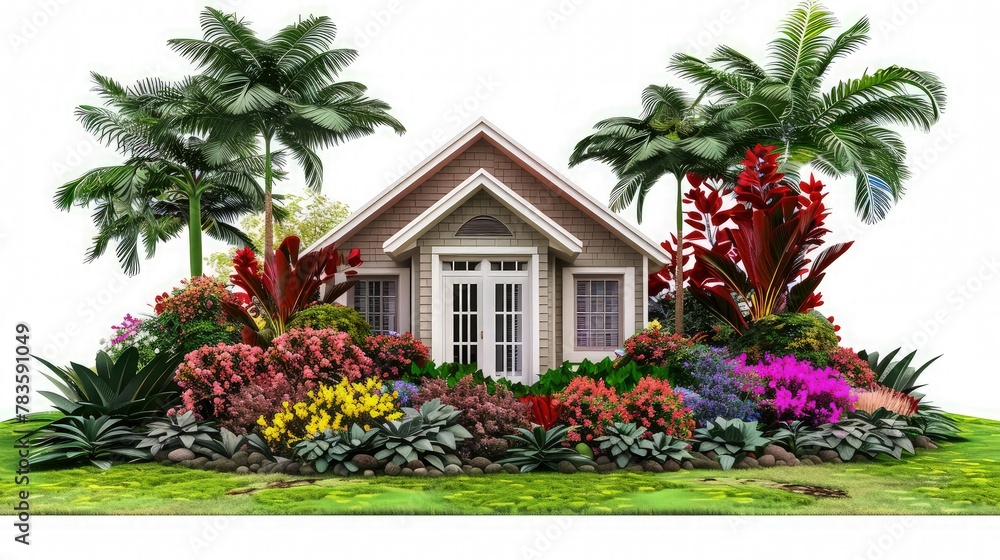 A summer house with a well-maintained garden filled with bright flowers and lush foliage. The image includes a cut piece on a white background, highlighting the natural beauty of the scene. A summer house with a well-maintained garden filled with bright flowers and lush foliage. The image includes a cut piece on a white background, highlighting the natural beauty of the scene.