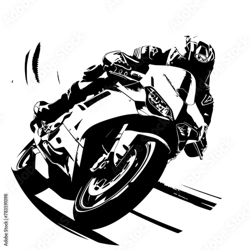 A stylized illustration of a motorbike racer leaning sharply into a high-speed turn, encapsulated within a dynamic, circular red motion blur suggesting rapid movement.