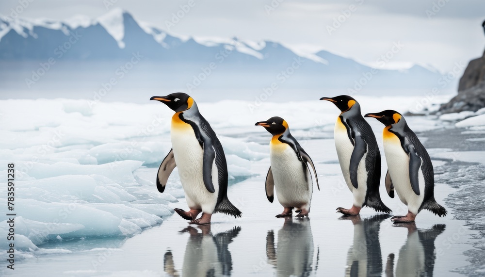 Fototapeta premium A line of king penguins parades on an icy shore, with the stark Antarctic landscape stretching behind them under a gloomy sky. AI Generation