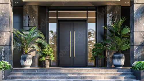 Main door to the luxury house with summer decoration, beautiful elegant entrance to the house, modern and elegant door, Summer time, Mockup	