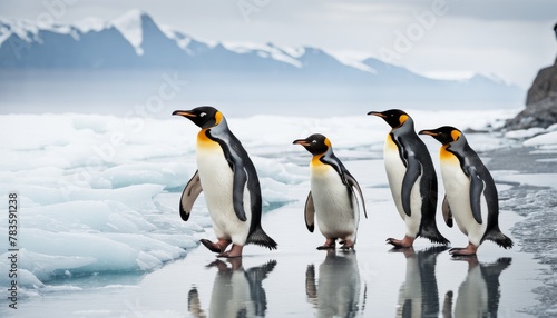 A line of king penguins parades on an icy shore  with the stark Antarctic landscape stretching behind them under a gloomy sky. AI Generation
