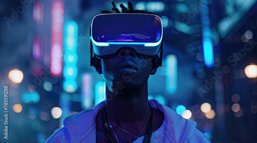Black man in vr headset exploring metaverse world , on pastel blue background ©  Mohammad Xte