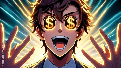 An animated character with glowing dollar signs instead of eyes shows extreme emotion, greed concept.