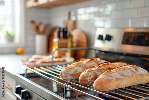 Freshly baked baguettes cooling on wire racks in a modern kitchen.