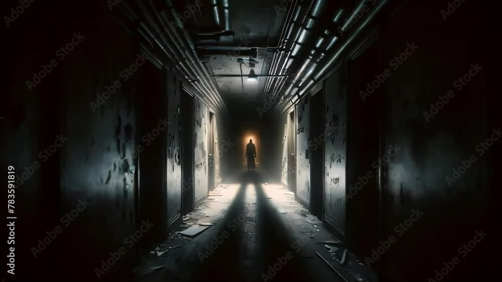 A person is standing motionless in the center of a dimly lit hallway, creating an eerie atmosphere. A person is standing motionless in the center of a dimly lit hallway, creating an eerie atmosphere.