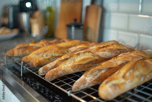 Freshly baked baguettes cooling on wire racks in a modern kitchen.