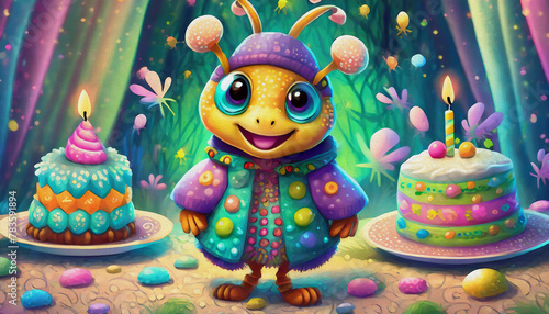 OIL PAINTING STYLE CARTOON CHARACTER Multicolored happy baby ant, with birthday cake, decoration,
