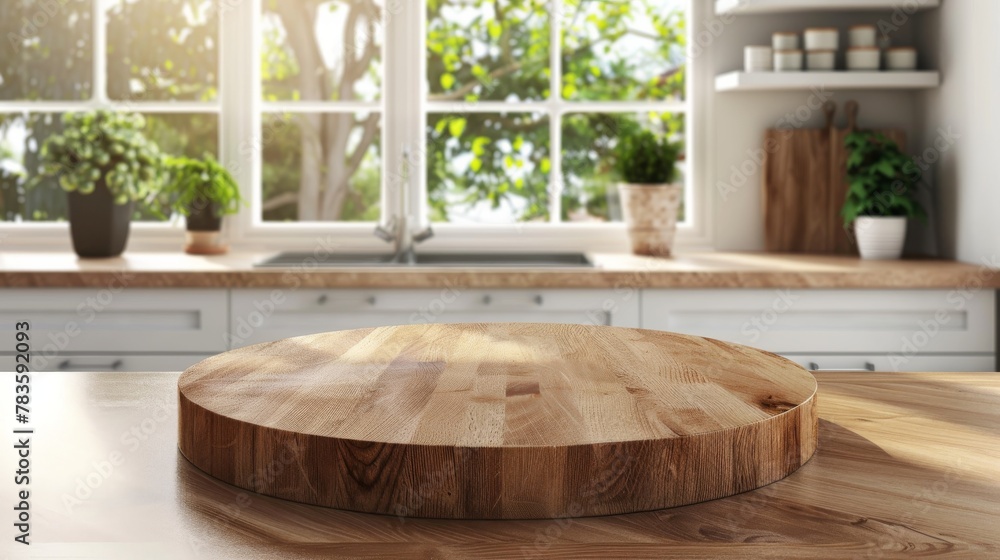 Fototapeta premium Empty beautiful round wood tabletop counter on interior in clean and bright kitchen background