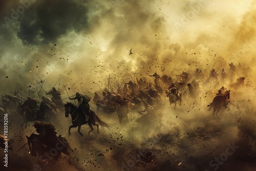 Battle scene, dynamic clash, strife amid dust clouds, intense,  photo