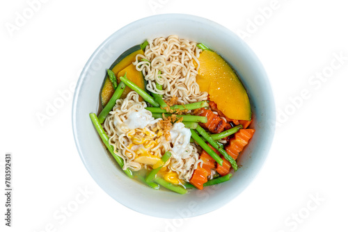 Instant noodles are filled with vegetables, carrots, asparagus, pumpkin and protein from chicken eggs for good health. on a white background