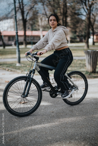 A young adult enjoys a bike ride in the park, showcasing a healthy, active lifestyle and leisure activity.