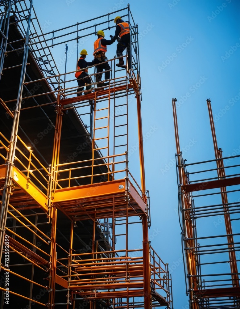 Construction workers in high visibility vests are working together on metal scaffolding against the backdrop of a deep blue dusk sky, highlighting the industry's unceasing workflow. AI Generation