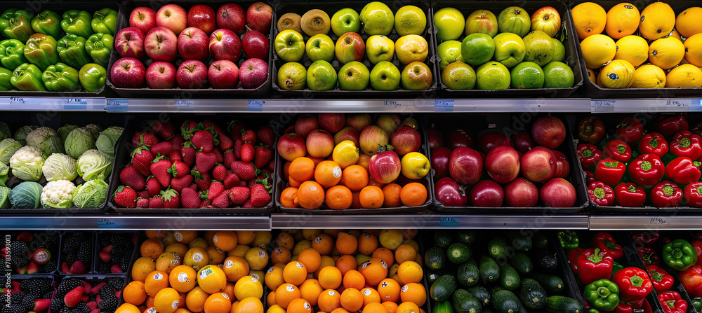Front view of a Fresh fruits and vegetables on shelf in supermarket