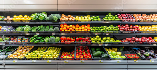 Front view of a Fresh fruits and vegetables on shelf in supermarket