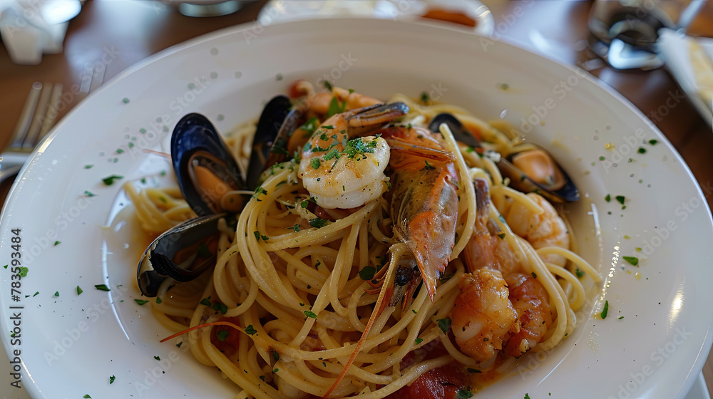 Top-down view of a beautifully arranged plate of pasta with seafood and vegetables Top-down view of a beautifully arranged plate of pasta with seafood and vegetables