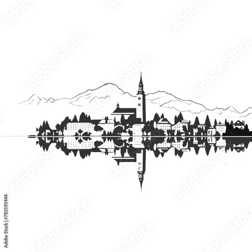 Lake Bled hand-drawn comic illustration. Lake Bled. Vector doodle style cartoon illustration