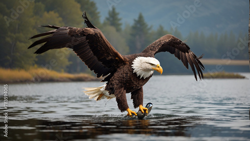 An eagle is flying above a lake with a fish in its talons