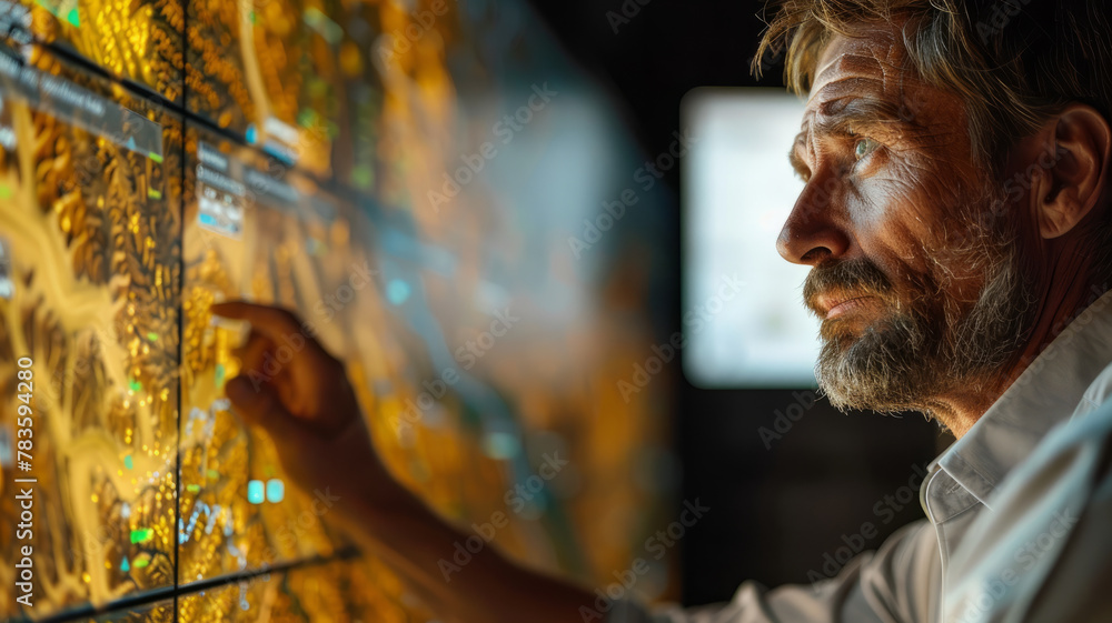 Man interacting with a digital map display.