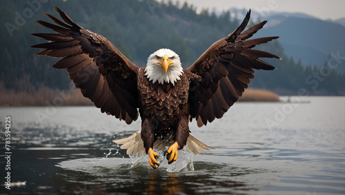 An eagle is flying above a lake with a fish in its talons photo