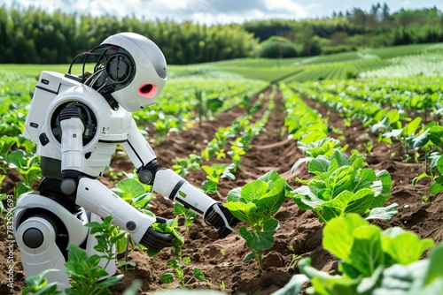 A robot is tending to the vegetable field, growing vegetables and fruits It has an extremely delicate structure with red eyes The background of green fields creates a natural atmosphere This photo was