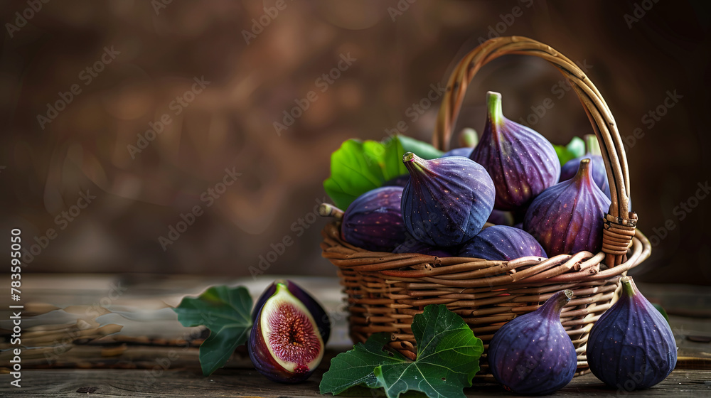 Fig fruits at the peak of ripeness, located in a wicker basket on a dark background.