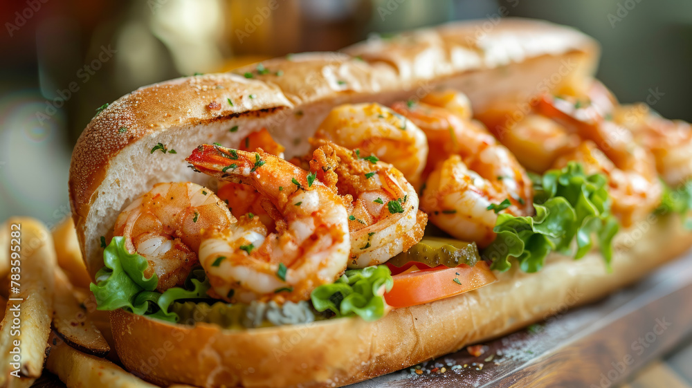 Shrimp po'boy sandwich with fries on table Shrimp po'boy sandwich with fries on table