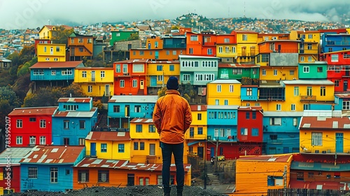 man against the background of colored houses