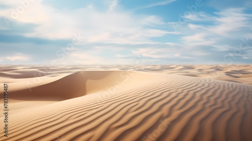 A sandy desert landscape with ripples in the sand created by the wind, stretching out towards the horizon