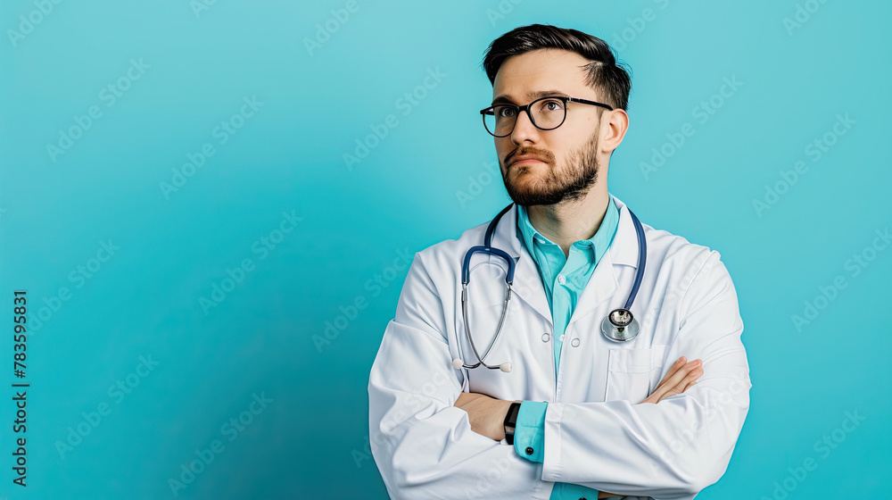 Pensive doctor on pastel blue background Pensive doctor on pastel blue background