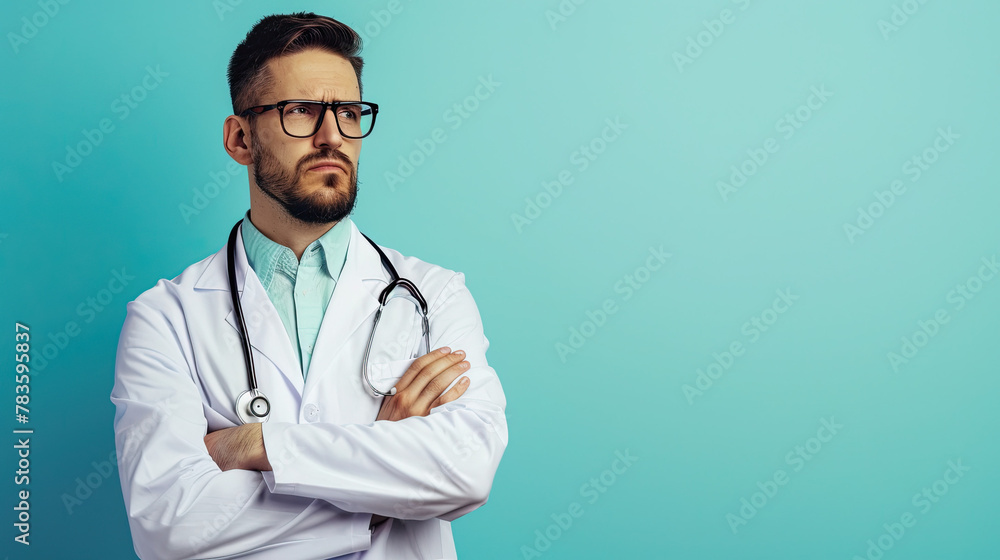 Pensive doctor on pastel blue background Pensive doctor on pastel blue background