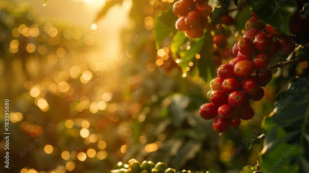A coffee plant with ripe berries at sunrise A coffee plant with ripe berries at sunrise