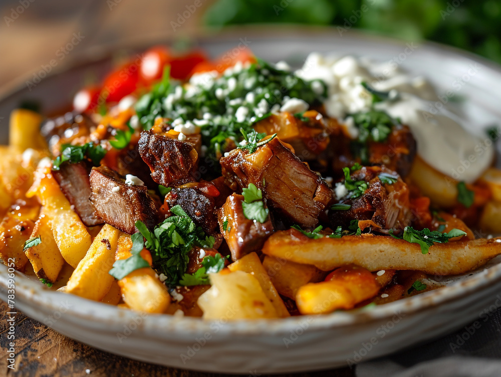 A plate of salsa verde poutine with brisket. There is a lot of sauce and put on it. A plate of salsa verde poutine with brisket. There is a lot of sauce and put on it.