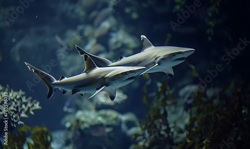 sharks swimming in the deep blue sea, Generative AI