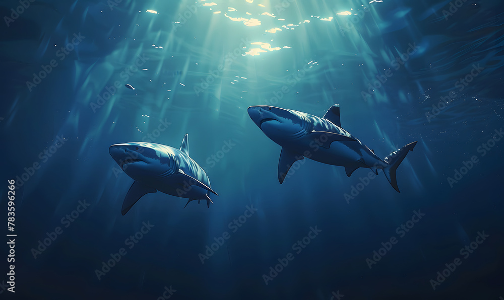 Fototapeta premium sharks swimming in the deep blue sea, Generative AI