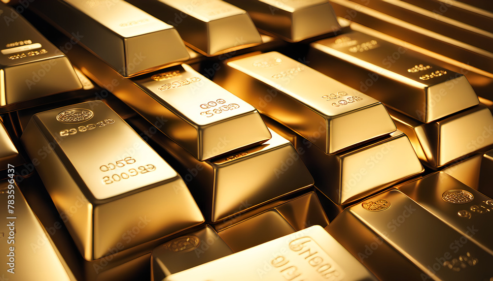 Rows of gold bars gleaming in the light. Generative AI.
Rows of gold bars gleaming in the light. Generative AI.