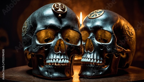 Two sinister metallic skulls with candle illumination, featuring eerie engravings and pentagrams, exuding an occult vibe. AI Generation photo
