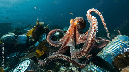 Octopus at the bottom of the underwater world and an iron can, environmental pollution concept