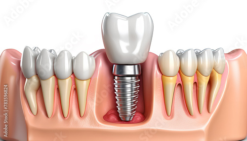 Dental implant in good lighting. Cross-section of an artificial jaw. Dentistry. Generative AI.

 photo