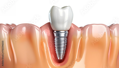 Dental implant in good lighting. Cross-section of an artificial jaw. Dentistry. Generative AI.

 photo