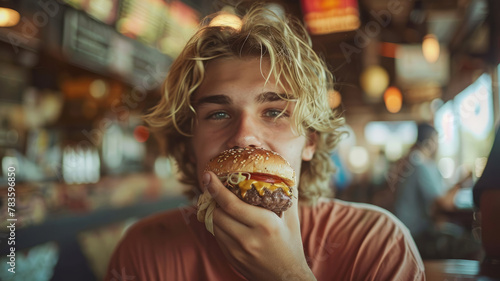 Young man eating a burger in a restaurant.